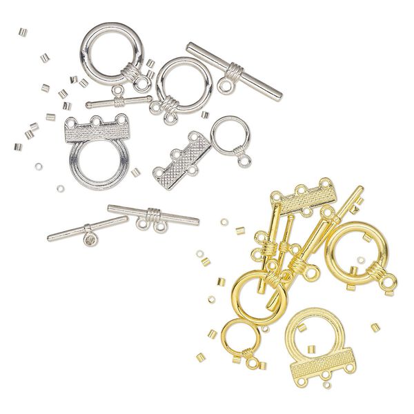 Clasp, toggle, gold- and silver-finished brass, assorted sizes. Sold per pkg of 8. image number 0