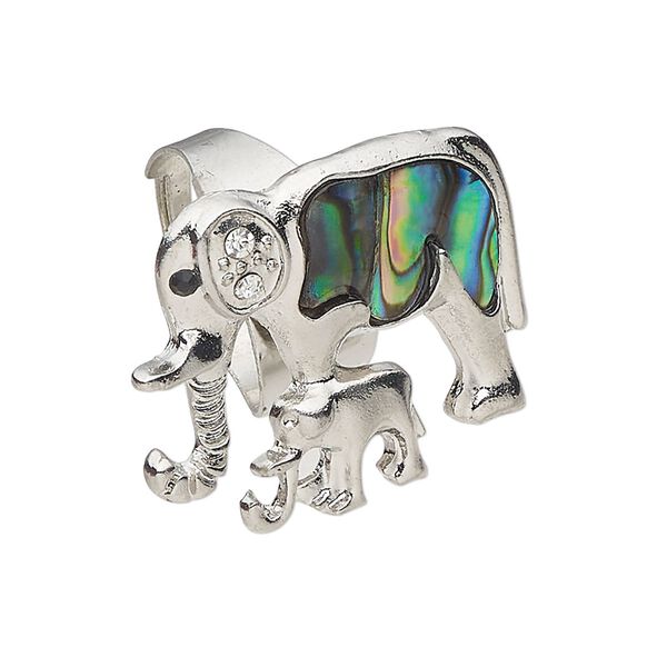 Ring 1pkg1 brass / paua shell / glass rhinestone, 30x25mm elephant / baby, natural silver finish / black / clear image number 0