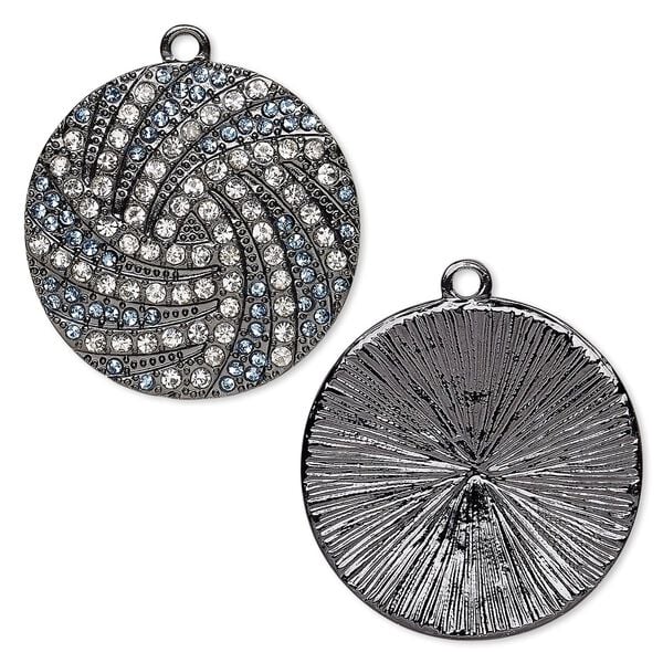 Focal, glass rhinestone and gunmetal-finished "pewter" (zinc-based alloy), clear and blue, 36mm round with burst design. Sold individually. image number 0