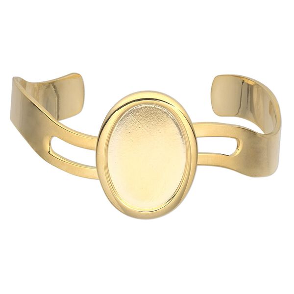 Bracelet, cuff, gold-plated brass and "pewter" (zinc-based alloy), 63x30mm with wave design and 25x18mm oval setting, adjustable. Sold individually. image number 0