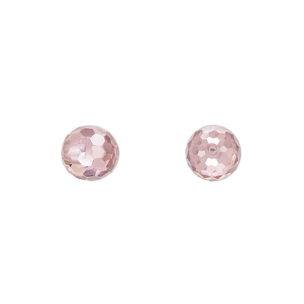 Bead, cubic zirconia, pink, 8mm half-drilled faceted round. Sold per pkg of 2. image number 0
