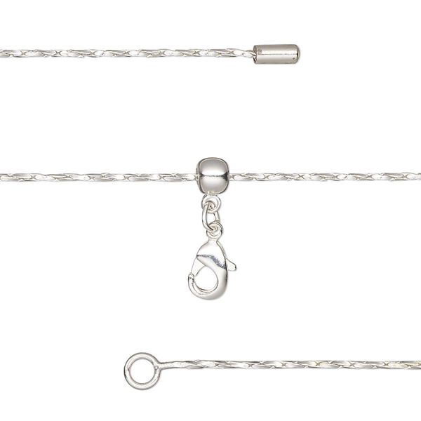 Chain, silicone and silver-plated brass, 0.9mm twisted Boston link, adjustable from 16 to 23-1/2 inches with lobster claw clasp and adjustable slider bead. Sold individually. image number 0