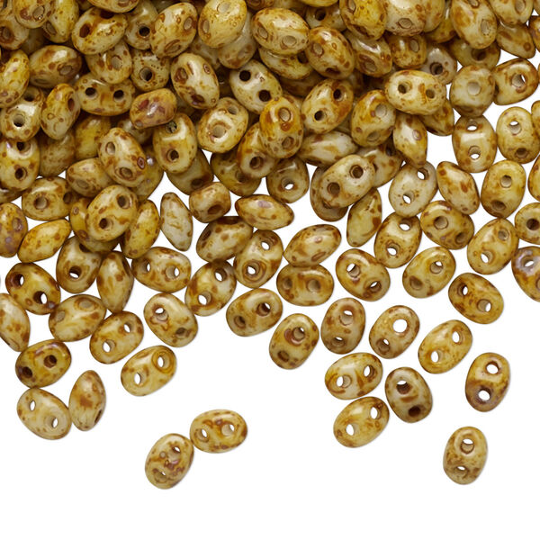 Bead, Preciosa Twin™, Pressed Twin, Czech pressed glass, opaque cream travertine, 5x2.5mm oval with (2) 0.7-0.8mm holes. Sold per 250-gram pkg. image number 0