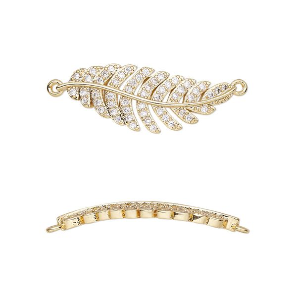 Link, cubic zirconia and gold-finished brass, clear, 26.5x10mm single-sided curved feather. Sold individually. image number 0