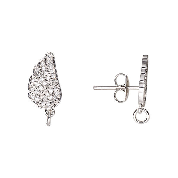 Earstud, cubic zirconia and imitation rhodium-plated brass, clear, 16x8mm wing with loop and open jump ring. Sold per pair. image number 0