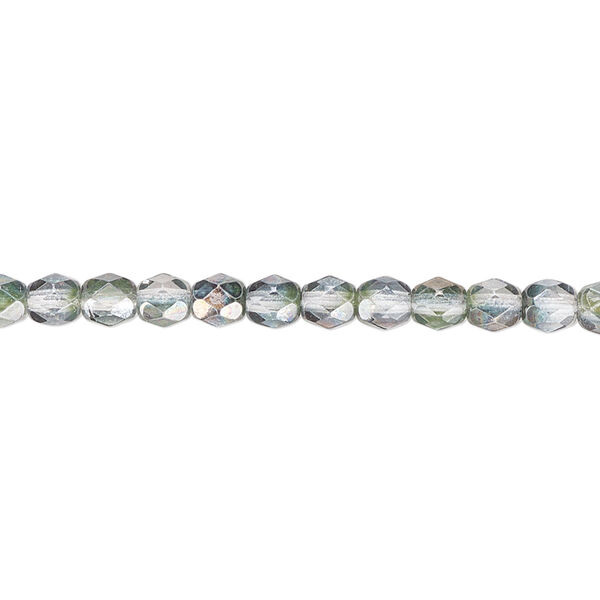 Bead, Czech fire-polished glass, green and grey luster, 4mm faceted round. Sold per 15-1/2" to 16" strand. image number 0