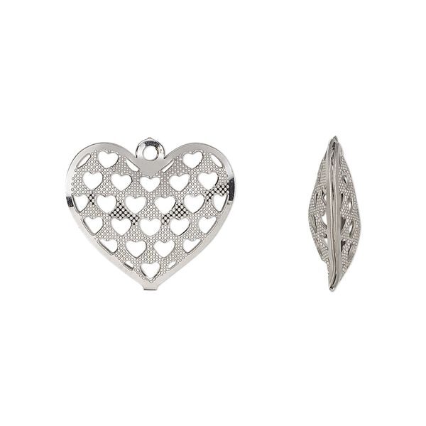 Charm, stainless steel, 17.5x16mm double-sided domed heart with textured cut-out hearts design. Sold per pkg of 6. image number 0