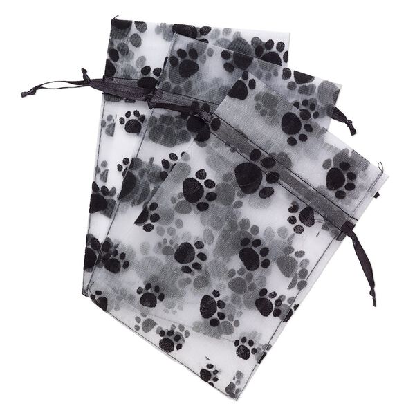 Pouch, satin and flocked organza, grey and black, 6x4-inch rectangle with paw prints and drawstring closure. Sold per pkg of 3. image number 0