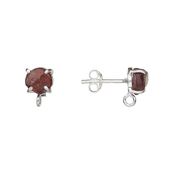 Ear stud, sterling silver and garnet (natural), 5-7mm rough nugget with closed loop. Sold individually. image number 0