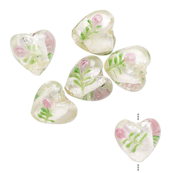 Bead, lampworked glass, pkg/6, opaque and translucent clear/green/pink with silver-colored foil, 18-20mm puffed heart with flower design. image number 0