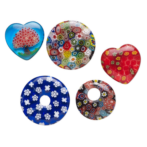 Drop and focal mix, millefiori glass, multicolored, 19x19mm-30x20mm mixed shapes. Sold per pkg of 5. image number 0
