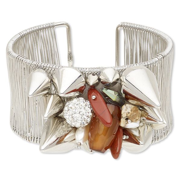 Bracelet, cuff, multi-gemstone (natural / dyed / heated) / plastic / glass / glass rhinestone / silver-coated plastic / imitation rhodium-finished steel, multicolored, 36mm wide, adjustable from 6-1/2 to 7-1/2 inches. Sold individually. image number 0