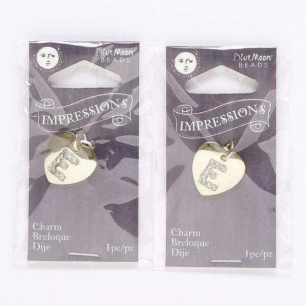 Charm, gold-finished "pewter" (zinc-based alloy) / steel / acrylic rhinestone, clear, 15.5mm single-sided puffed heart with letter "E." Sold per pkg of 2. image number 0