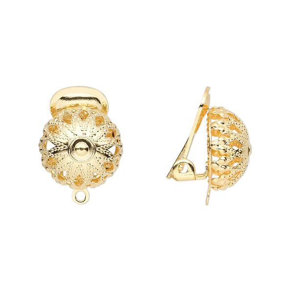 Earring clip-on 1pkg100 gold-plated, 15mm / 12mm filigree half-ball / closed loop, brass 50 pair image number 0