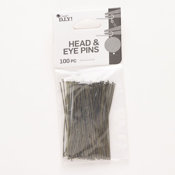 Head pin and eye pin mix, antique gold-finished steel, 2 inches, 21 gauge. Sold per pkg of 100. image number 0