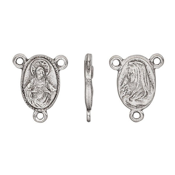 Connector, pewter (tin-based alloy), pkg/1, antiqued, 13x10mm two-sided rosary oval with Virgin Mary. image number 0