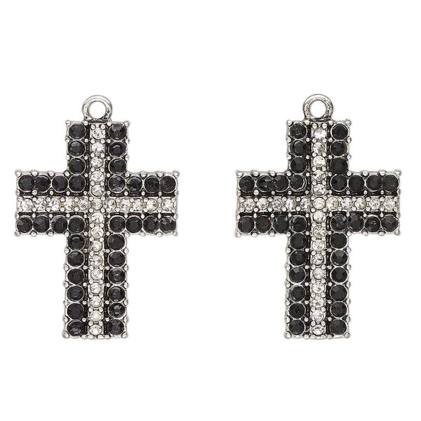 Drop, antique silver-finished "pewter" (zinc-based alloy) and glass, clear and black, 29x21mm-29x22mm cross. Sold per pkg of 2. image number 0