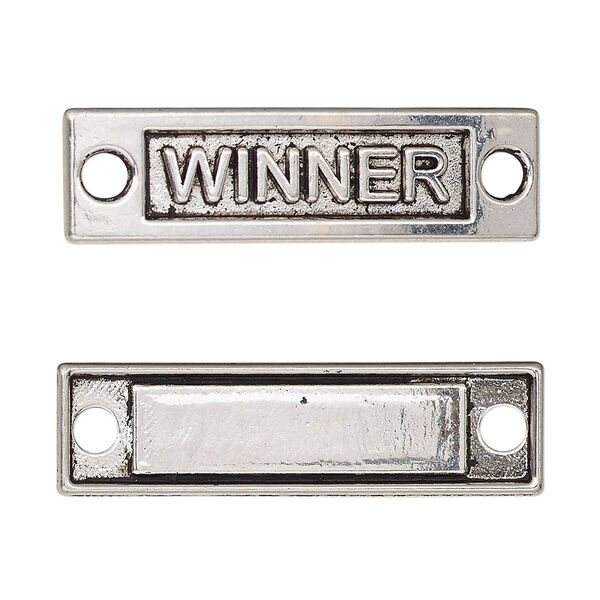 Link, antique silver-finished "pewter" (zinc-based alloy), 36x10mm single-sided curved flat rectangle with "WINNER." Sold per pkg of 2. image number 0