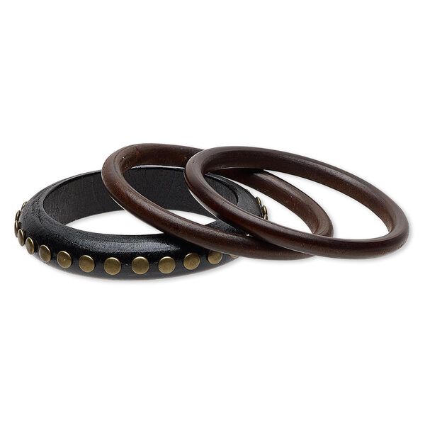 Bracelet, bangle, antique gold-coated plastic with painted and stained wood, black and brown, (1) 16mm wide with round studs and (2) 8mm wide, 8 inches. Sold per pkg of 3. image number 0
