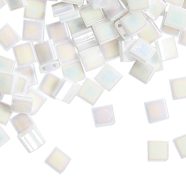 Bead, Miyuki, TILA®, glass, opaque white pearl AB, (TL471), 5mm square with (2) 0.8mm holes, fits up to 3mm beads. Sold per 250-gram pkg. image number 0