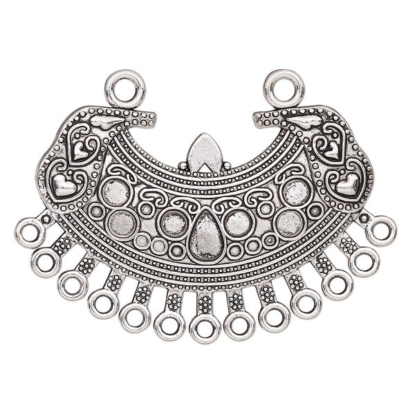 Focal, antique silver-finished "pewter" (zinc-based alloy), 51x37mm single-sided connector with heart design and 13 loops. Sold individually. image number 0