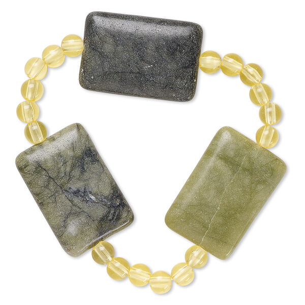 Bracelet, stretch, multi-serpentine (natural) and acrylic, yellow, 5mm round and 30x20mm flat rectangle, 6 inches. Sold individually. image number 0