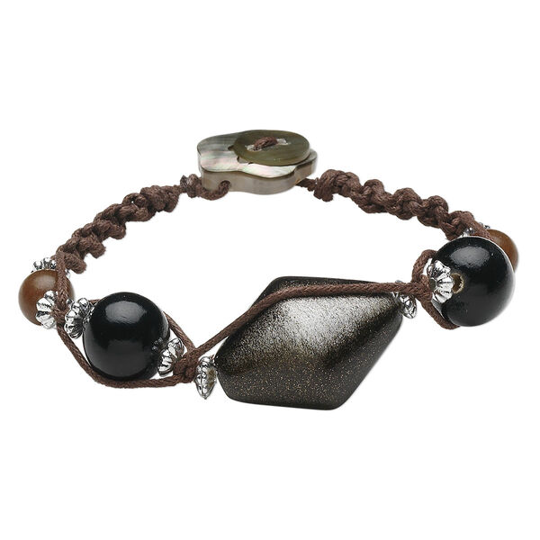 Bracelet, black lip shell (dyed) / painted wood / cotton / acrylic, brown / black / silver with gold-colored glitter, 6-1/2 inches with button clasp. Sold individually. image number 0