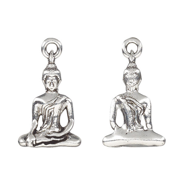 Drop, antique silver-plated pewter (tin-based alloy), 22x15mm 3D Buddha. Sold individually. image number 0
