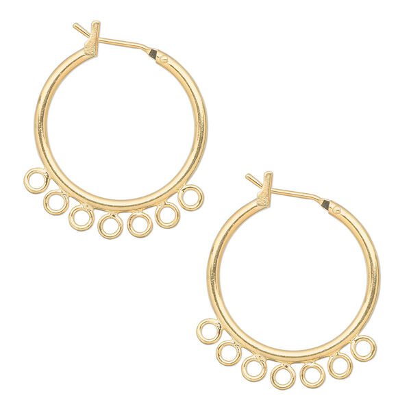 Earring, gold-plated brass, 23mm round smooth hoop with 7 closed loops and latch-back closure. Sold per pkg of 5 pairs. image number 0