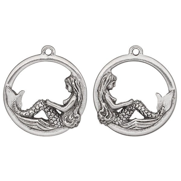 Charm, pewter (tin-based alloy), pkg/1, antiqued, 22mm double-sided round with mermaid. image number 0