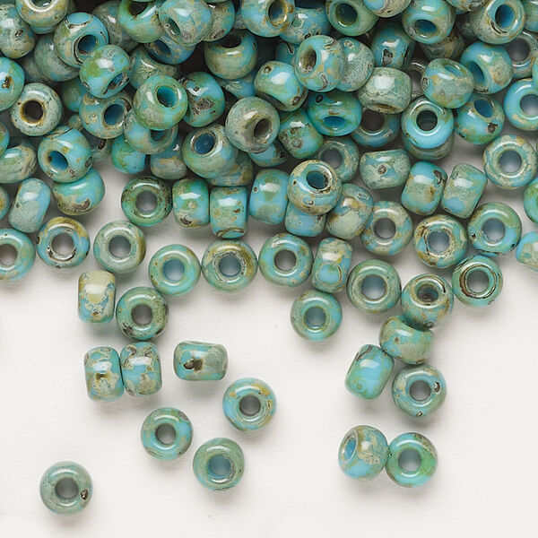 Seed bead, Miyuki, glass, pkg/250g, #6 rocaille, opaque Picasso turquoise blue, (RR-4514). image number 0