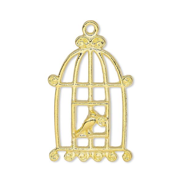 Focal, gold-finished "pewter" (zinc-based alloy), 30.5x20mm single-sided bird in cage. Sold per pkg of 4. image number 0