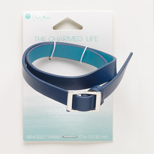 Bracelet, wrap, vinyl and silver-finished "pewter" (zinc-based alloy), blue and teal, 10mm wide with textured design, adjustable up to 17 inches. Sold individually. image number 0