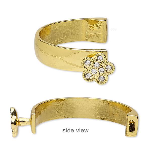 Bracelet component, glass rhinestone and gold-finished "pewter" (zinc-based alloy), clear, 10.5mm wide with 14.5x14mm flower, 42x26mm inside diameter with 5.5x2mm glue-in end. Sold individually. image number 0