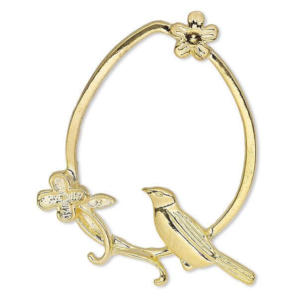Focal, gold-finished "pewter" (zinc-based alloy), 48x40mm single-sided open teardrop with cutout bird and flower design. Sold per pkg of 2. image number 0