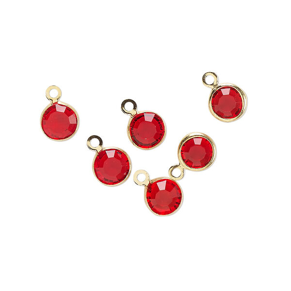 Drop, glass rhinestone and gold-finished brass, ruby red, 6-6.5mm faceted round. Sold per pkg of 6. image number 0