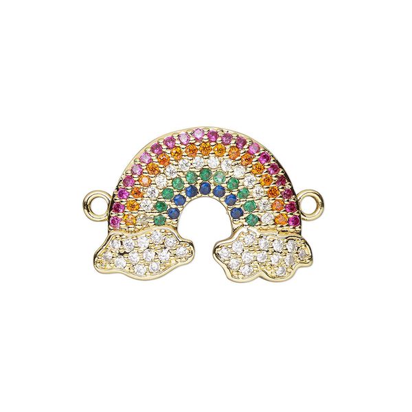 Link, cubic zirconia and gold-finished brass, multicolored, 20x14mm single-sided rainbow. Sold individually. image number 0