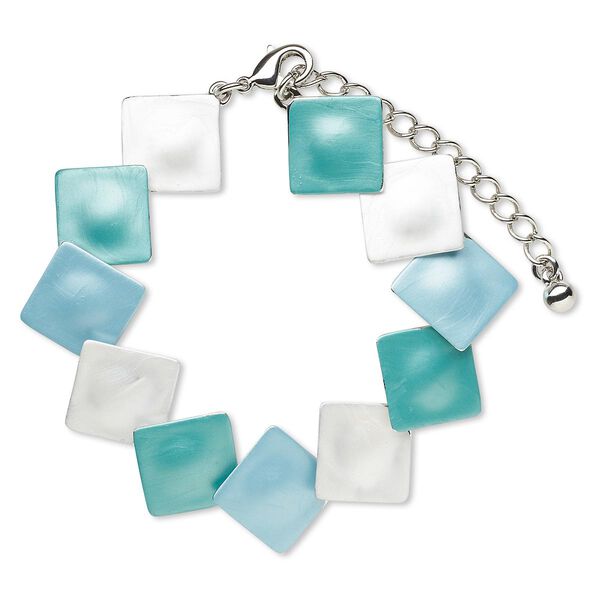 Bracelet, epoxy with imitation rhodium-finished brass and "pewter" (zinc-based alloy), green / white / light blue, 19x19mm diamond, 7-1/2 inches with lobster claw clasp and 2-inch extender chain. Sold individually. image number 0