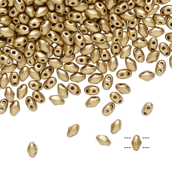 Bead, Preciosa Mini Twin™, Mini Pressed Twin, Czech pressed glass, opaque gold, 4x2.5mm oval with (2) 0.7mm holes. Sold per 10-gram pkg. image number 0