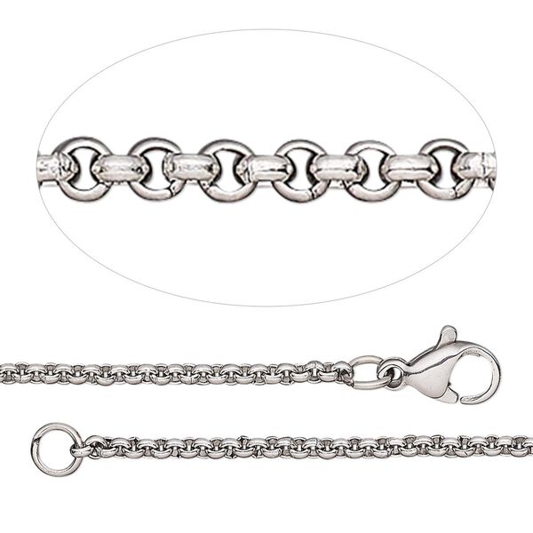 Chain, stainless steel, 2mm rolo, adjustable at 18 and 20 inches with lobster claw clasp. Sold individually. image number 0