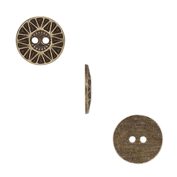 Button, antiqued brass-finished "pewter" (zinc-based alloy), 12.5mm single-sided flat round with sunburst design. Sold per pkg of 50. image number 0
