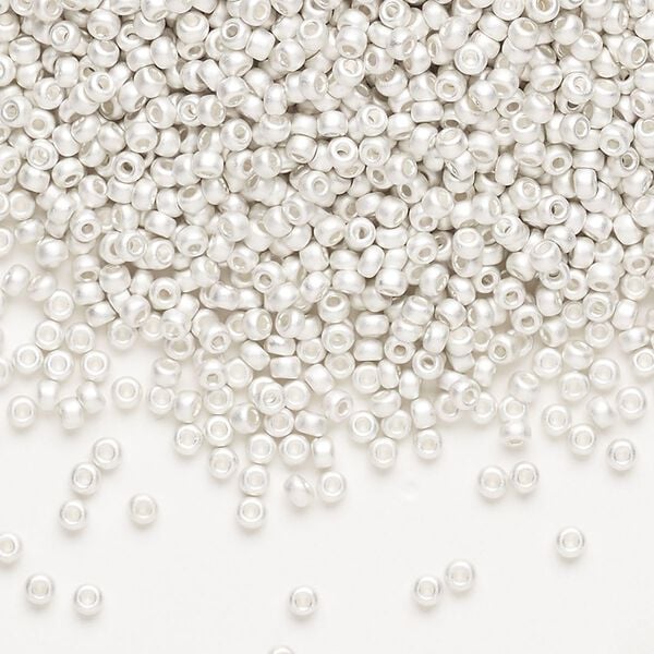 Seed bead, Miyuki, glass, pkg/250g, #11 rocaille, opaque silver-plated matte, (RR-961F). image number 0