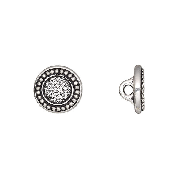 Button, TierraCast®, antique silver-plated pewter (tin-based alloy), 12mm beaded flat round with loop and SS34 round glue-in setting. Sold per pkg of 2. image number 0