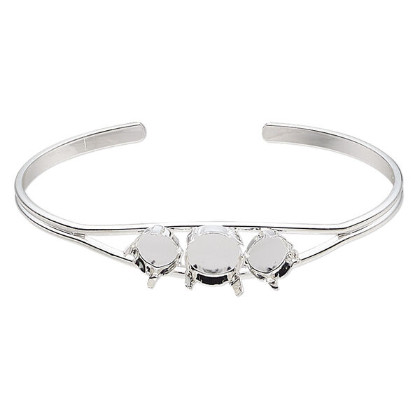 Bracelet, cuff, silver-finished brass, 11mm wide with (1) SS47 4-prong rivoli setting and (2) SS39 4-prong rivoli settings, 8 inches. Sold individually. image number 0