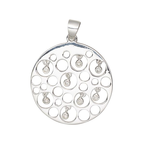Pendant, cubic zirconia and sterling silver, clear, 25mm single-sided round with cutout and dangles. Sold individually. image number 0