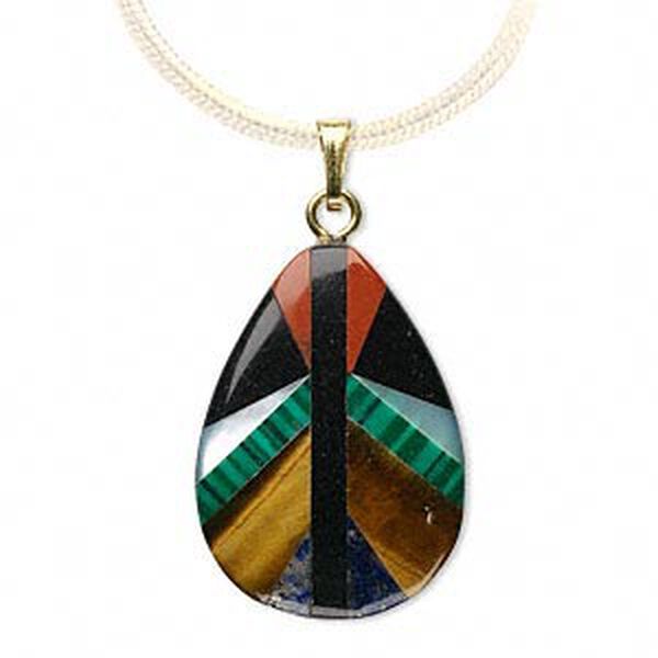 Multi-gemstone / multi-shell / steel 1pkg1, gold-finished teardrop pendant 25x18mm image number 0