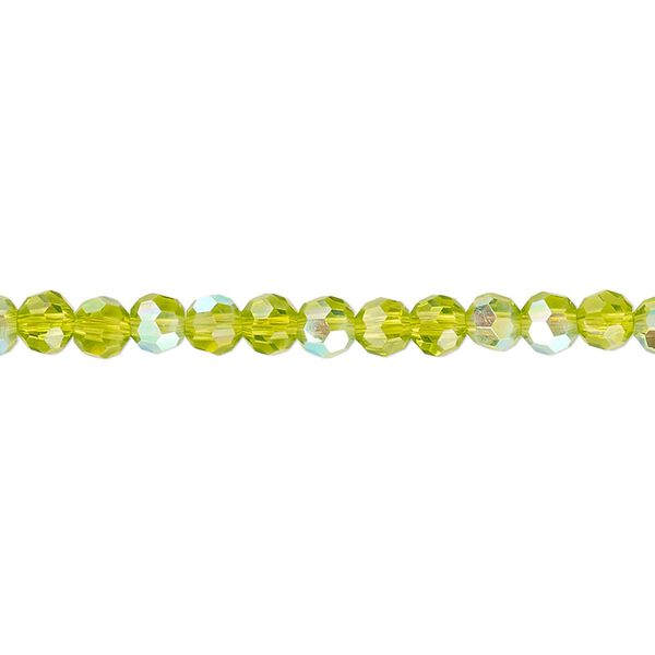 Bead 1pk 32 facets translucent peridot green AB, Celestial Crystal® 4mm round 15.5-16 inch image number 0
