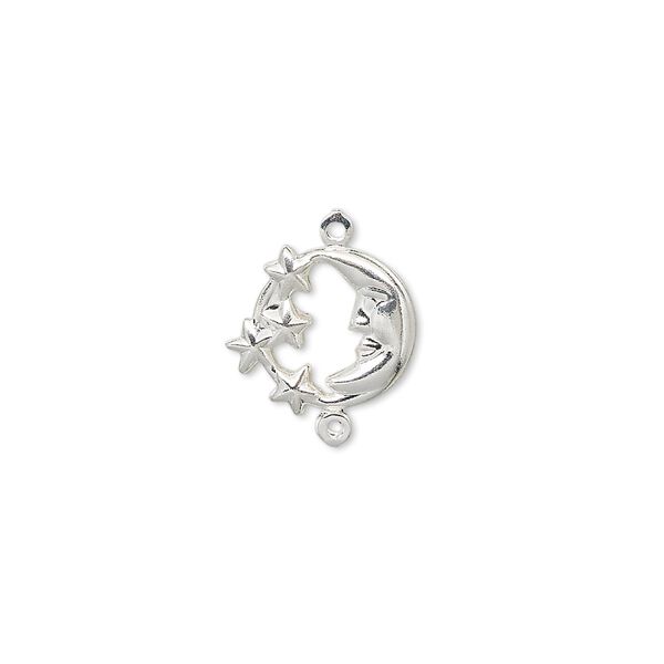 Link, silver-plated brass, 11mm moon face with stars. Sold per pkg of 10. image number 0
