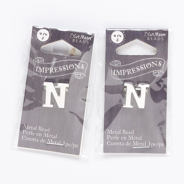 Bead, silver-finished "pewter" (zinc-based alloy), 13mm top-drilled alphabet letter "N" with 2mm hole. Sold per pkg of 2. image number 0