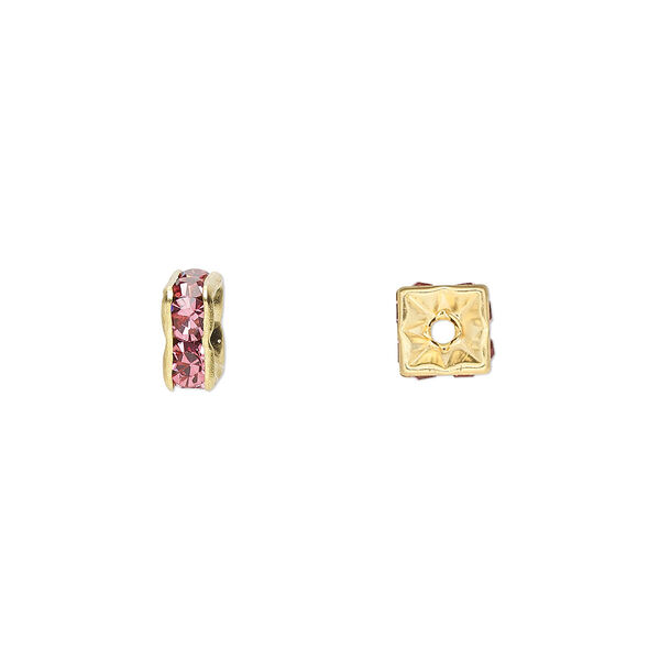 Bead, glass rhinestone and gold-finished brass, rose, 6x3mm squaredelle. Sold per pkg of 10. image number 0